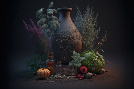 Spices and herbs on a dark stone backdropの素材