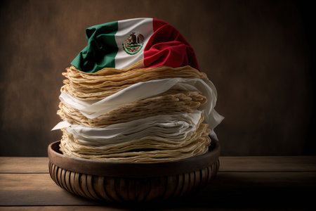 Stack freshly baked tortillas on top of a linen or napkin with Mexican flag colors in a basketの素材