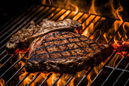 Steaks cooked on a grill that is on fireの素材