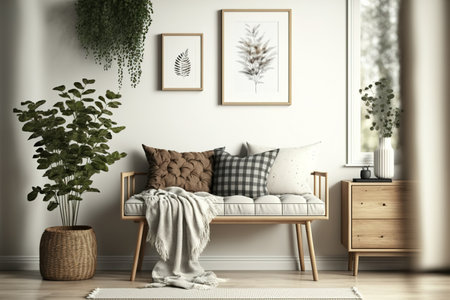 Stylish arrangement of a living room interior in contemporary home design with mock up frame, wooden bench, pillow, plaid, woman bag, plant, decoration, and elegant personal accessoriesの素材