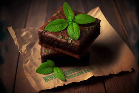 Stack of baked brownies with a mint leaf on top, shown against a wooden backgroundの素材
