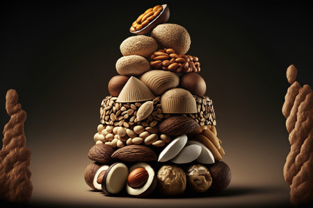 Stack of different nuts, including almond, walnut, hazelnut, cashew, and Brazil nutsの素材