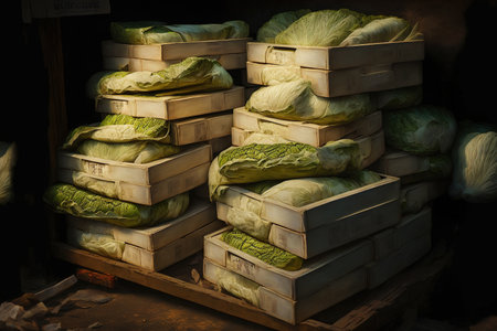 Stacks of salted Napa cabbage for preparing Gimjang Kimchi in close up, South Koreaの素材