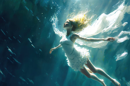 Summer picture of a young lady diving while swimming underwater in a white outfitの素材