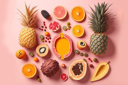 Summer fruit. On a pale pink background, tropical fruits including orange, pineapple, coconut, papaya, and dragon fruit may be seen. top perspective, copy space, and a flat layの素材
