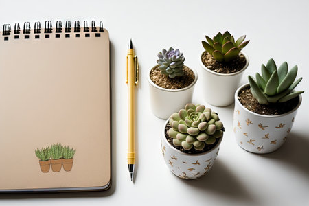 Succulents in little pots, a notebook, a pencil, and a laptopの素材