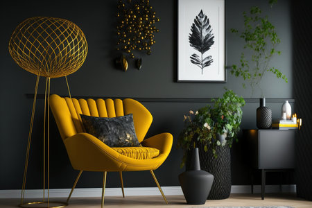 Stylish living room with black wall, yellow lamp, and chair. furnishings with a Scandinavian aestheticの素材