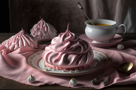 Sweet pink meringue is displayed on a white platter at the tableの素材