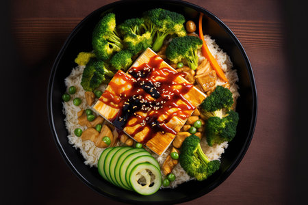 Teriyaki tofu rice bowl vegetarian and vegan cuisineの素材