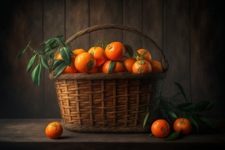 Tangerines that are ripe in a basket. against a wood backdropの素材