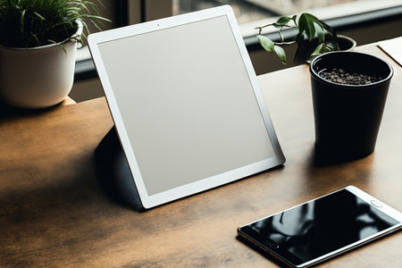 Tablet mockup with a blank screen, a stand, and a device on a hardwood table in a shared workspaceの素材