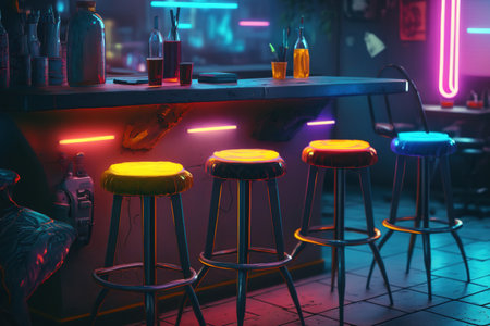 stools at bars in cyberpunk Cyberpunk city BAR. Neons, a cybercity backdrop, and contrasting hues. digital age metaverseの素材