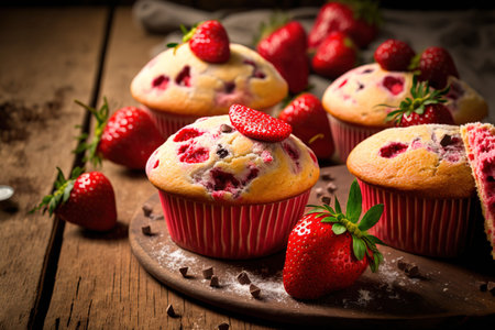 strawberry cupcakes or muffins cooked from scratch. summer baking with fruit selective attentionの素材