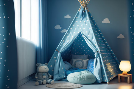 The bedroom has blue wallpaper and morning sunlight, as well as a lovely and comfortable kids indoor sleepover tent. Background, Backdrop, Childhood, Joy, Playroom, Sleepover, Empty, Nobodyの素材