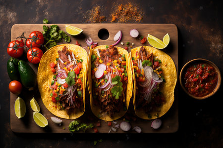 tacos from Mexico with salsa, veggies, and meat. Al pastor tacos on a wooden board against a dark background. with copy space, the top viewの素材