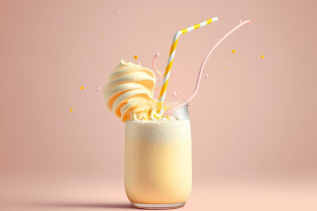 straws being inserted into a glass of yellow milkshake on a light pink backgroundの素材