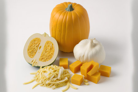 spaghetti squashes, whole and chopped, against a white backgroundの素材