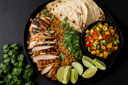 tacos made of flour tortilla shells and placed on a black platter with grilled chicken meat, corn, roasted sweet potato cubes, red pepper, and parsleyの素材