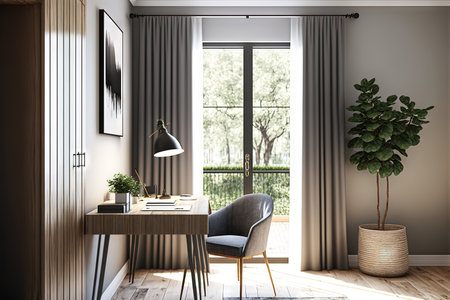 The inside of a modern room features a working table and armchair, parquet flooring, a curtain, and a garden outlookの素材