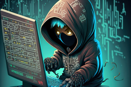 The hooded hacker uses the binary coding paradigm for both hacking and virusesの素材