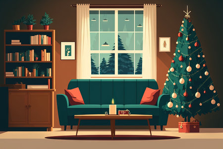 The living room of a cozy house with a Christmas tree, a sofa, a wooden table, and candles. Christmas break at homeの素材