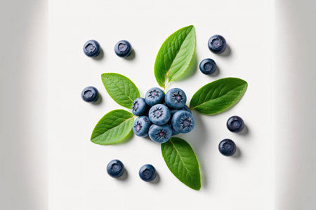 Top view of a blueberry fruit isolated on a white backdrop. Flat lay overhead layout with mint leavesの素材