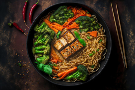 Tofu, broccoli, carrots, pepper, and sesame are added to udon noodles. eating right. vegetarian cuisine. Asian cuisineの素材