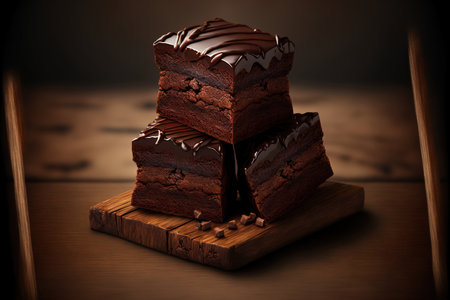 Three chocolate brownie cake pieces stacked together with a wooden backgroundの素材