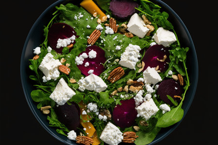 Top view of a salad with beets, arugula, feta cheese, and walnutsの素材