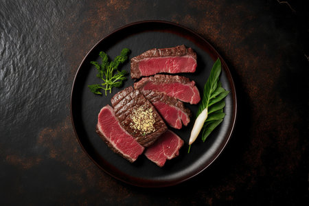 Top view and copy space with sliced wagyu marbled beef for yakiniku on a platter against a dark backgroundの素材