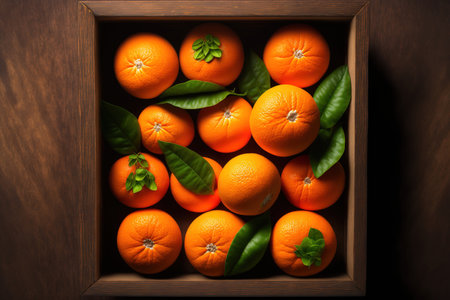 Top view of a fresh mandarin orange or tangerine fruit in a wooden boxの素材