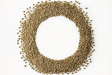 Top view of a pile of hemp seeds with a round frame and border against a white backgroundの素材