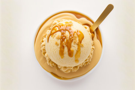 Top view of vanilla ice cream with caramel sauce on a white backgroundの素材