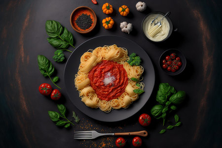 Top view of a plate of pasta with tomato sauce and heating ingredients on a dark backgroundの素材