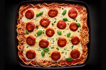 Top view of a baked spaghetti dish with sausages in tomato sauceの素材