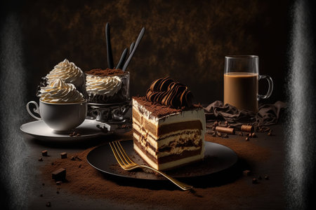 Tiramisu cake dessert is presented in a melancholy, dark setting with coffee, cookies, and chocolate as ingredients. One unitの素材