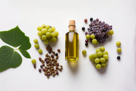 Top view of a composition with natural grape seed oil bottles on a white background. natural cosmeticの素材