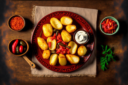 Traditional Spanish potato snack tapas, patatas bravas, are fried potatoes. a wooden backdrop a top viewの素材