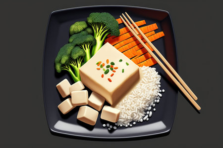 Tofu, broccoli, carrots, and sesame served with rice. eating right. vegetarian cuisineの素材