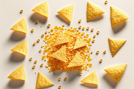 Top view of corn chips and nachos on a white backgroundの素材