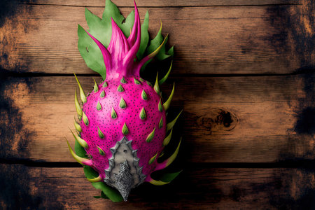 Top view of a pitaya or tropical dragon fruit against a rustic wooden backdropの素材
