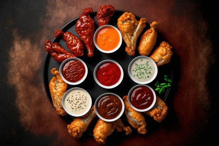 Top view of fried chicken wings with different saucesの素材
