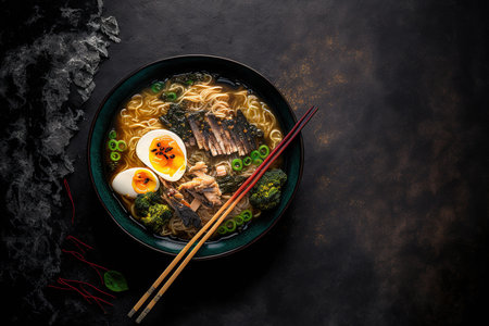 Traditional Japanese soup ramen with Asian noodles, seaweed, eggs, ginger, and sliced pork over a background of dark concrete. Up close. Asian cuisine. looking up. Dinnertime hot and excellent ramen sの素材