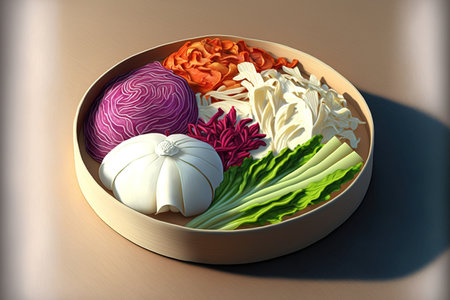 Traditional kimchi made in Korea. White cabbage, white radish, red and white radish, scallion, and red cabbageの素材