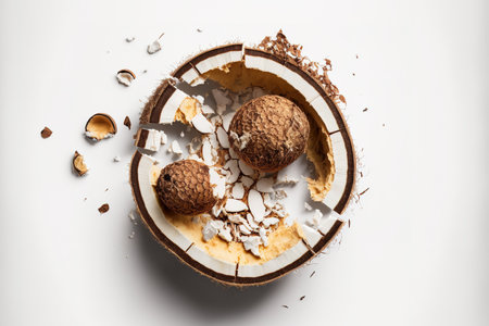 Top view of a whole and fragmented coconut on a white backdropの素材