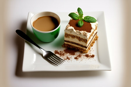Traditional Tiramisu dessert from Italy, served in a square portion on a ceramic plate, and a cup of hot espresso coffee, both isolated on a white backgroundの素材