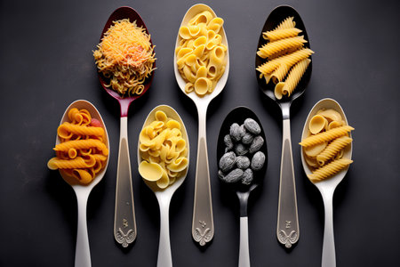 Top view of forks and spoons on a gray background with a row of several delicious pasta typesの素材