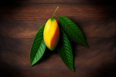 Tropical mango fruit in top view, with a green leaf in the backdrop on a dark brown oak tableの素材