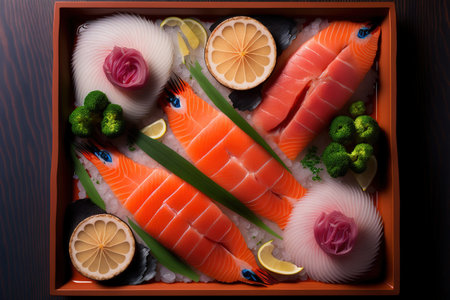 Top view of the prepared Sashimi Set, which includes slices of raw salmon, hamachi, and bluefin tuna. Favorite Japanese cuisineの素材