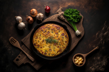 Typical Spanish food is an omelette with potatoes and onions. Spanish tortilla. Dark, rustic background with copy space, the top viewの素材